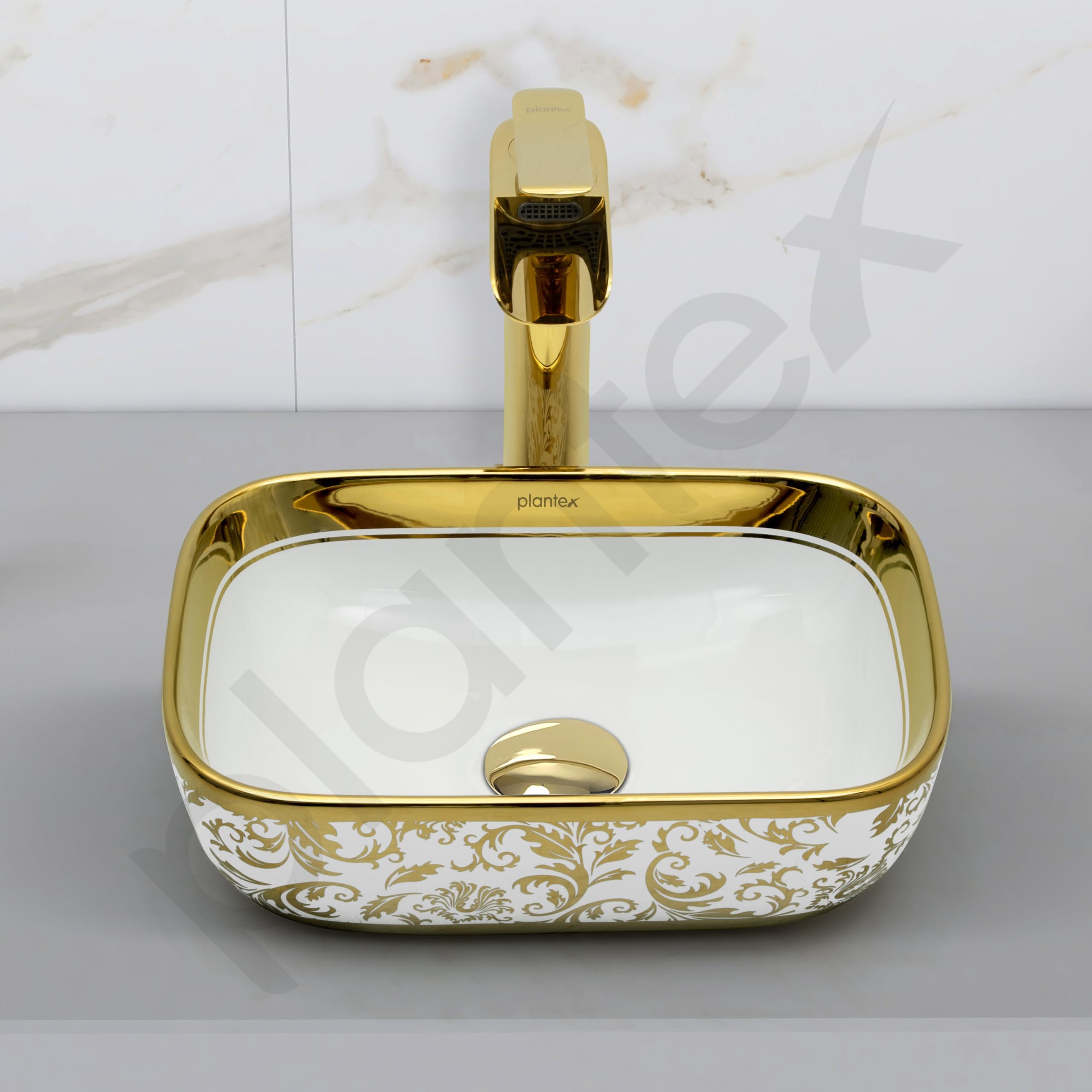Plantex Ceramic Basin for Bathroom/Designer TableTop Wash Basin/Bathroom Vessel Sink/Washbasin - White & Gold (14.1 x 9 x 5 Inch) 4