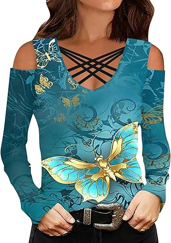 Apfopard Womens's Aesthetic Printed Criss Cross Deep V Neck Cold Shoulder Long Sleeve Shirt T-Shirt Tunic Top Crisscross