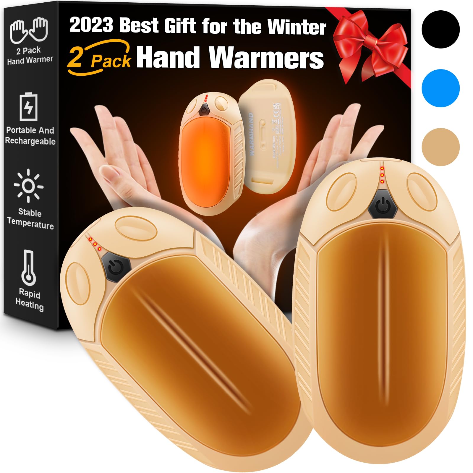 Hand Warmers Rechargeable, 2 in 1 Hand Warmer Protable Camping Accessories Hunting Gear Men Women Outdoor/Indoor/Hunting/Golf/Camping/Hiking/Football/Winter Sports Essential 2 Pack