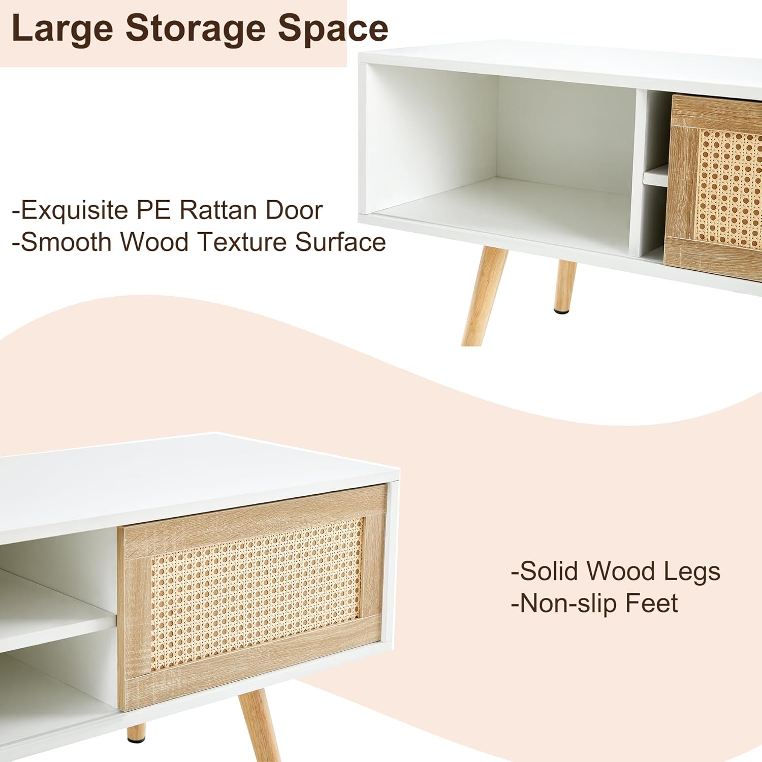 Rattan TV Stand Entertainment Center, 55" L TV Console Table Storage Cabinet Wooden with Sliding Doors Plastic Rattan for Living Room Farmhouse Furniture (white-55)