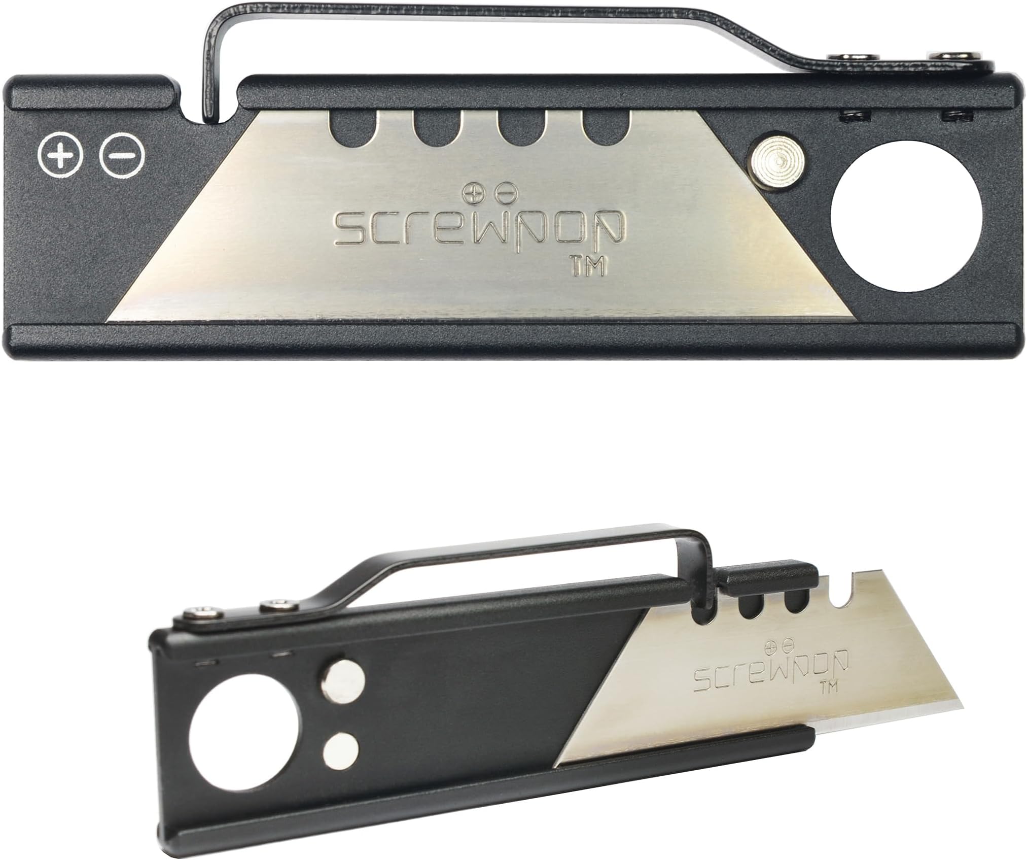 Screwpop Twin Trak Dual Chamber Utility Knife (Ambidextrous Deployment) Backup Blade Holder for Keychain or Carabiner Type II Hard Anodized Aluminum Body Spring Steel Lever Black