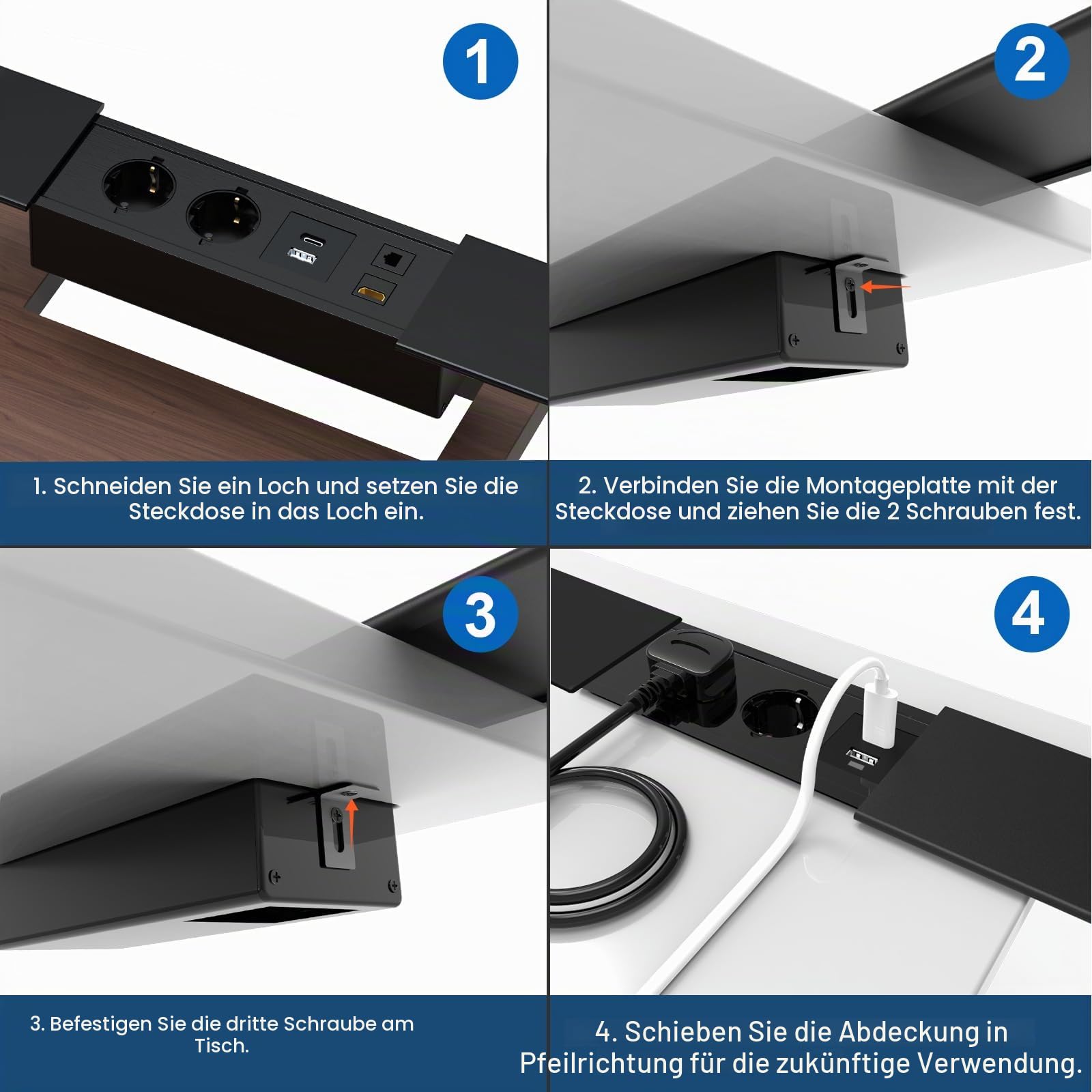 Tischsteckdose,Unterputz-Steckdose mit 2 Steckdosen+USB+Type C PD20W + HDMI TD Netzwerkschnittstelle,Aluminium Tischplatte Schiebedeckel Versenkte Steckdose Schwarz,1.8M Kabel