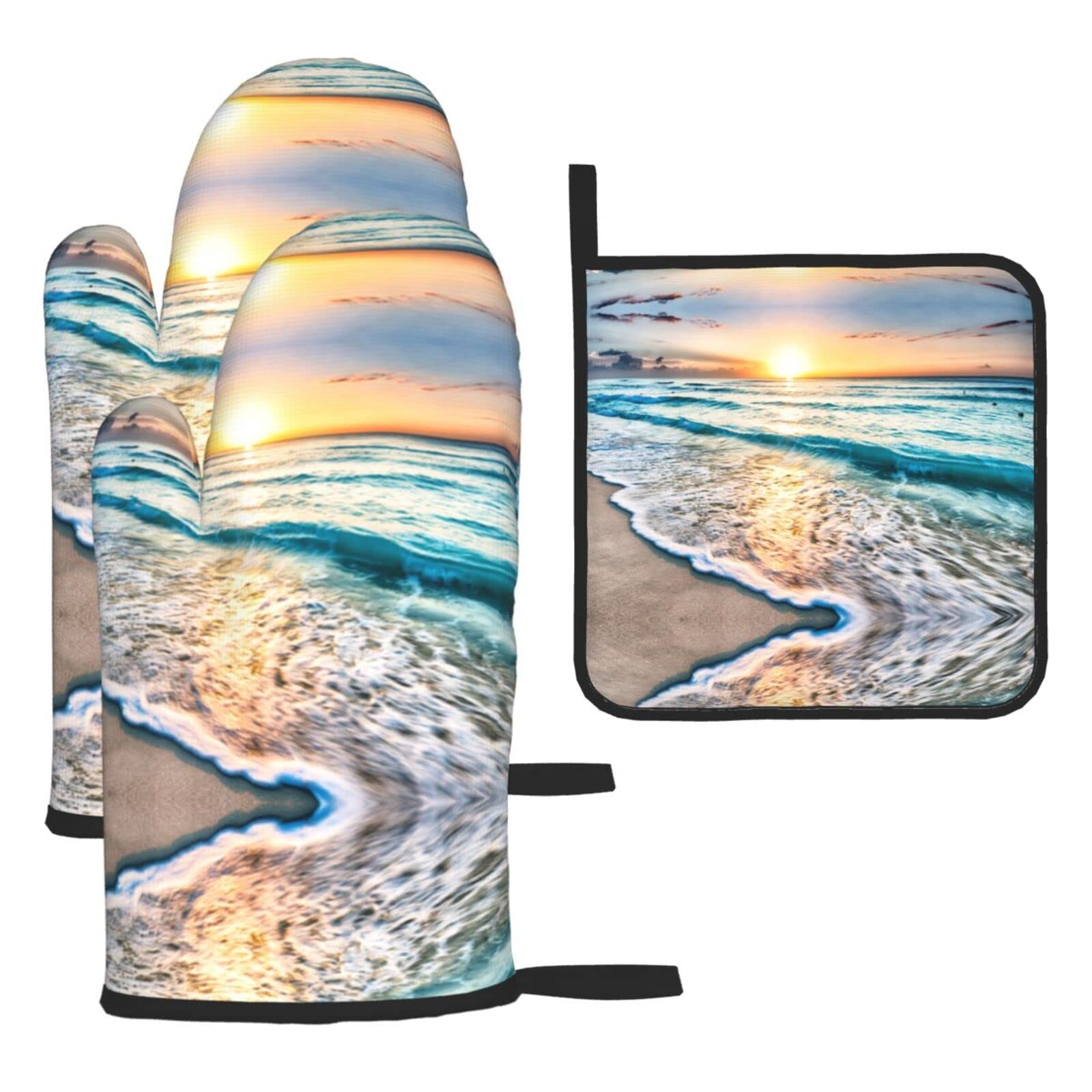 Beach Sunset Ocean Oven Mitts and Pot Holder Kitchen Set for Grilling, Cooking, Baking, Heat Resistant