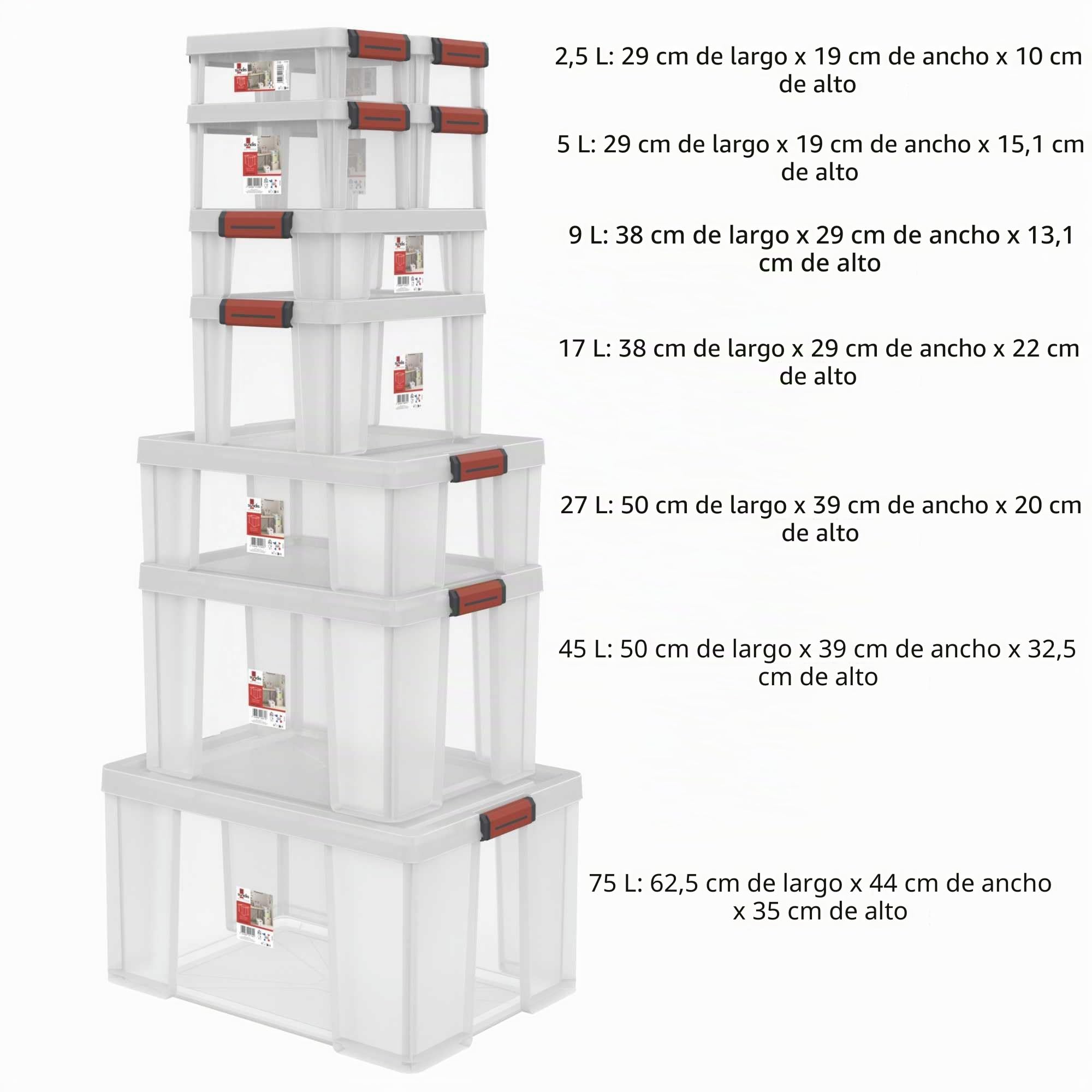 SUNDIS Clip'N Store, 3 cajas almacenaje con tapa, 17l de capacidad, plastico transparente, reforzados, aptas para alimentos, paredes rectas, apilables y combinables