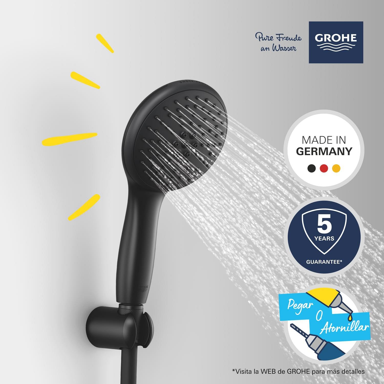 GROHE Vitalio Start 110 Juego de soporte de pared (alcachofa de ducha 2 chorros, flexo 1750mm, antical) redondo negro mate 279502431