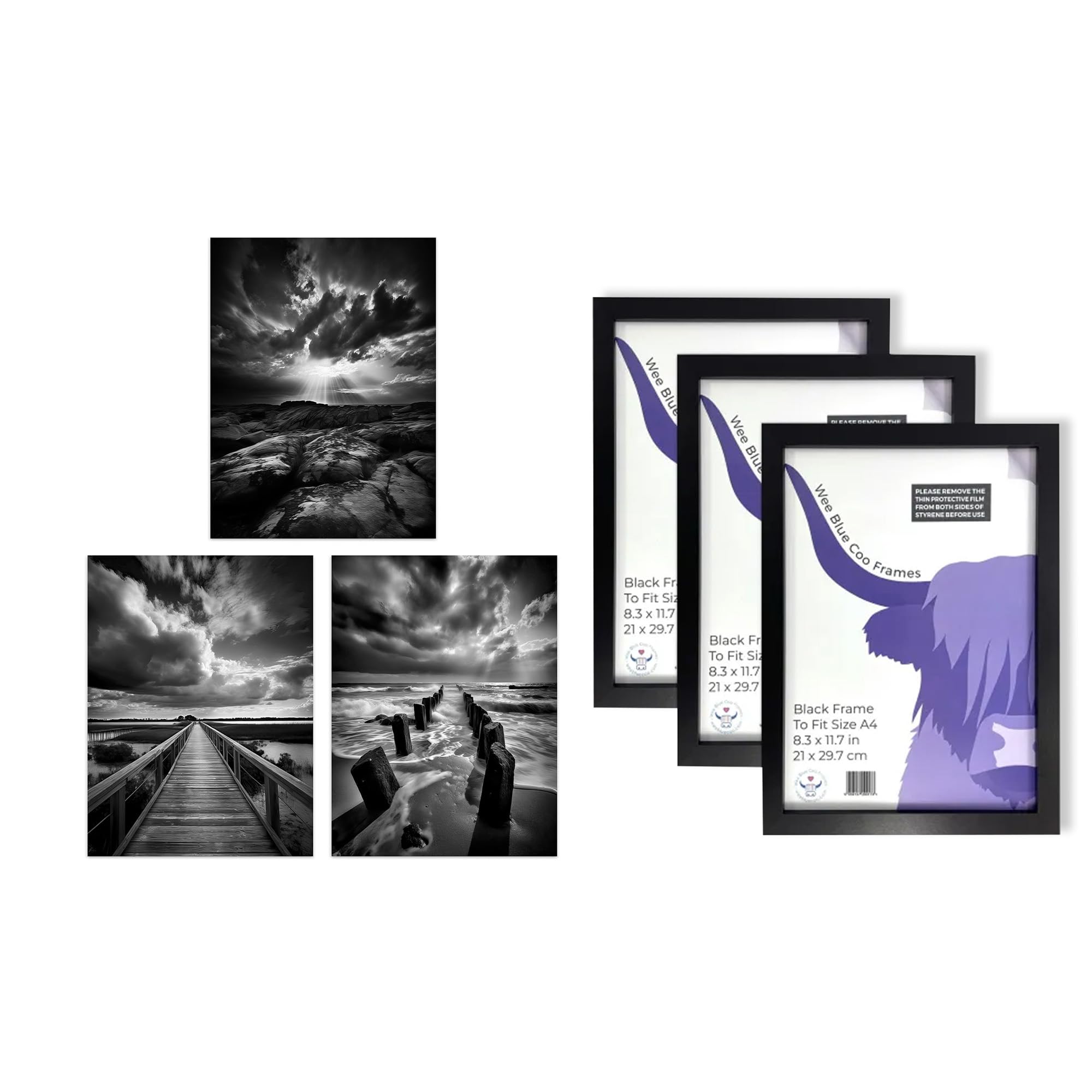 Artery8 Atmospheric Clouds Wall Art - Set of 3 A4 Sized Art with Black Frames - Black and White Photographs Dramatic Coastal Landscapes