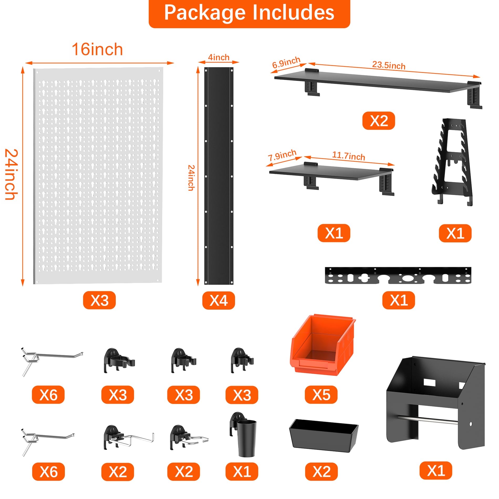 TORACK Organizer ścienny z tablicą Pegboard, 1,2 m, garaż, metalowy zestaw do przechowywania narzędzi z haczykami na tablicę narzędziową, pojemniki montowane na ścianie, uchwyt na ręczniki papierowe,