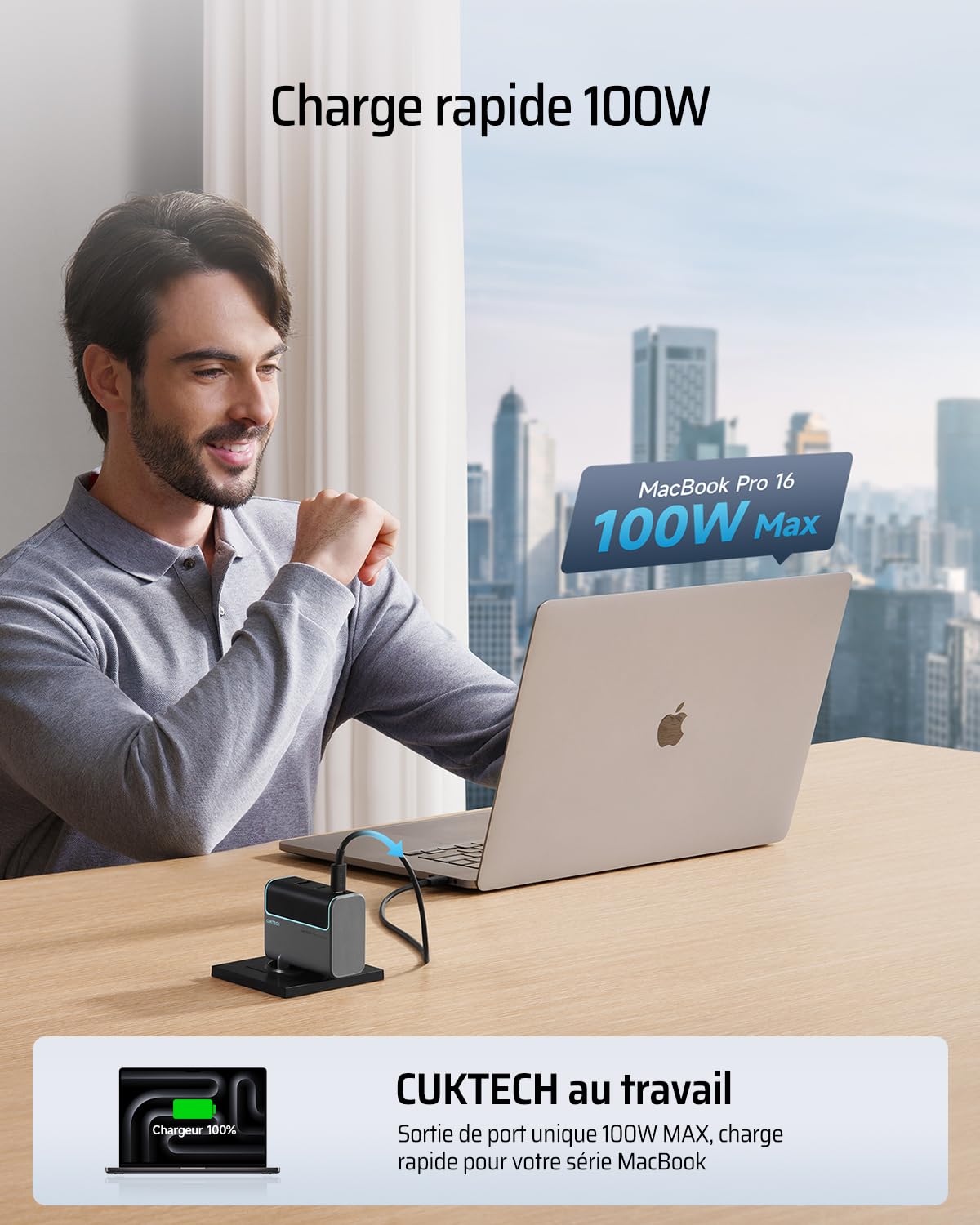 CUKTECH Chargeur USB C 100W, 3 Ports GaN III Tech et PPS PD3.0 Chargeur Rapide, Chargeur 100W USB C Rapide pour MacBook Air/Pro M4 M3, iPad Pro, iPhone 17/16, Samsung S24/S23, Xiaomi, Switch - Noir