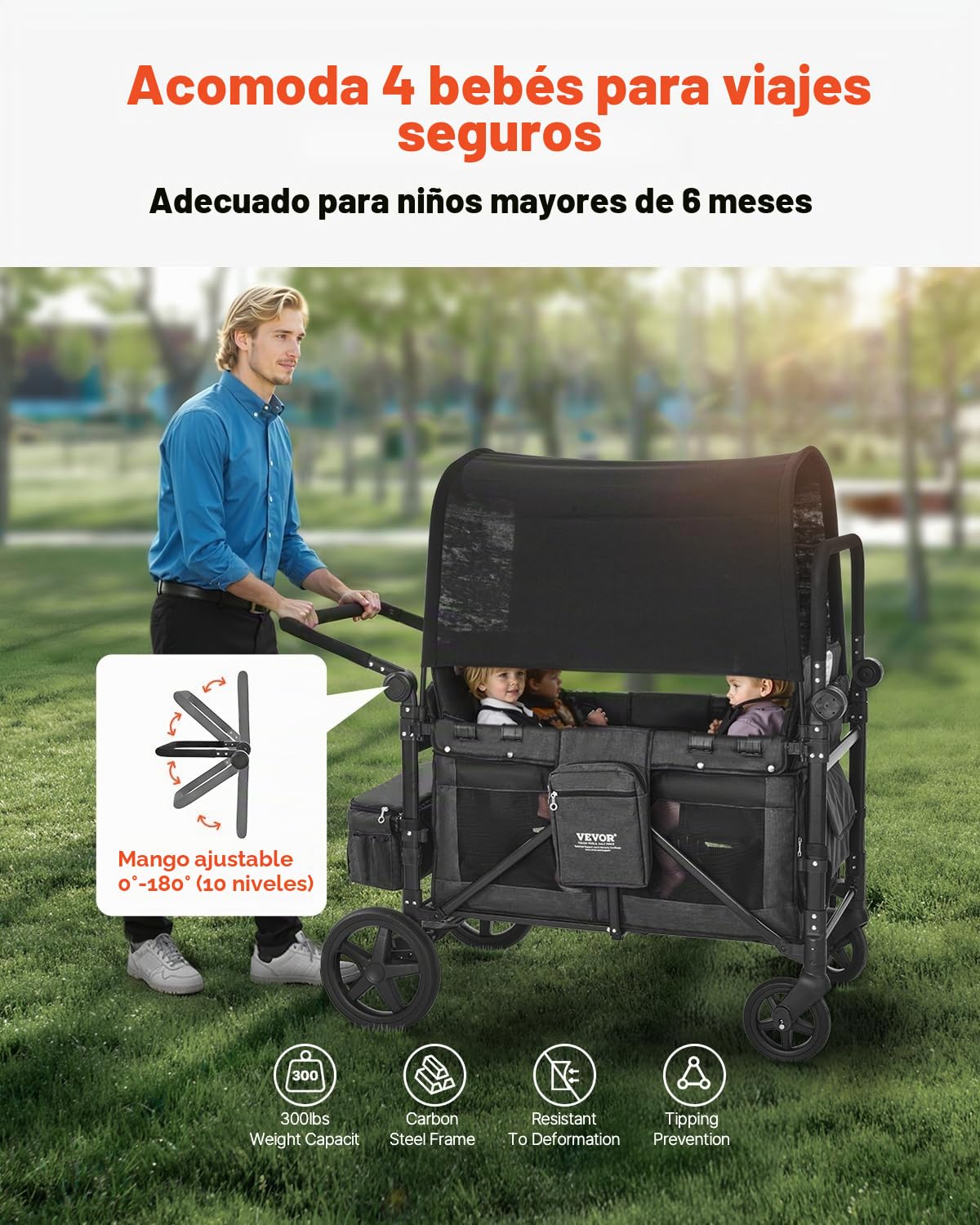 VEVOR Cochecito Plegable para 4 Niños, Acero al Carbono, con Asa Ajustable, Arnés de Seguridad y Capota Extraíble, 4 Plazas, para Camping, Gris Oscuro y Negro(Carga 150 kg), 1650 x 725 x 1250 mm