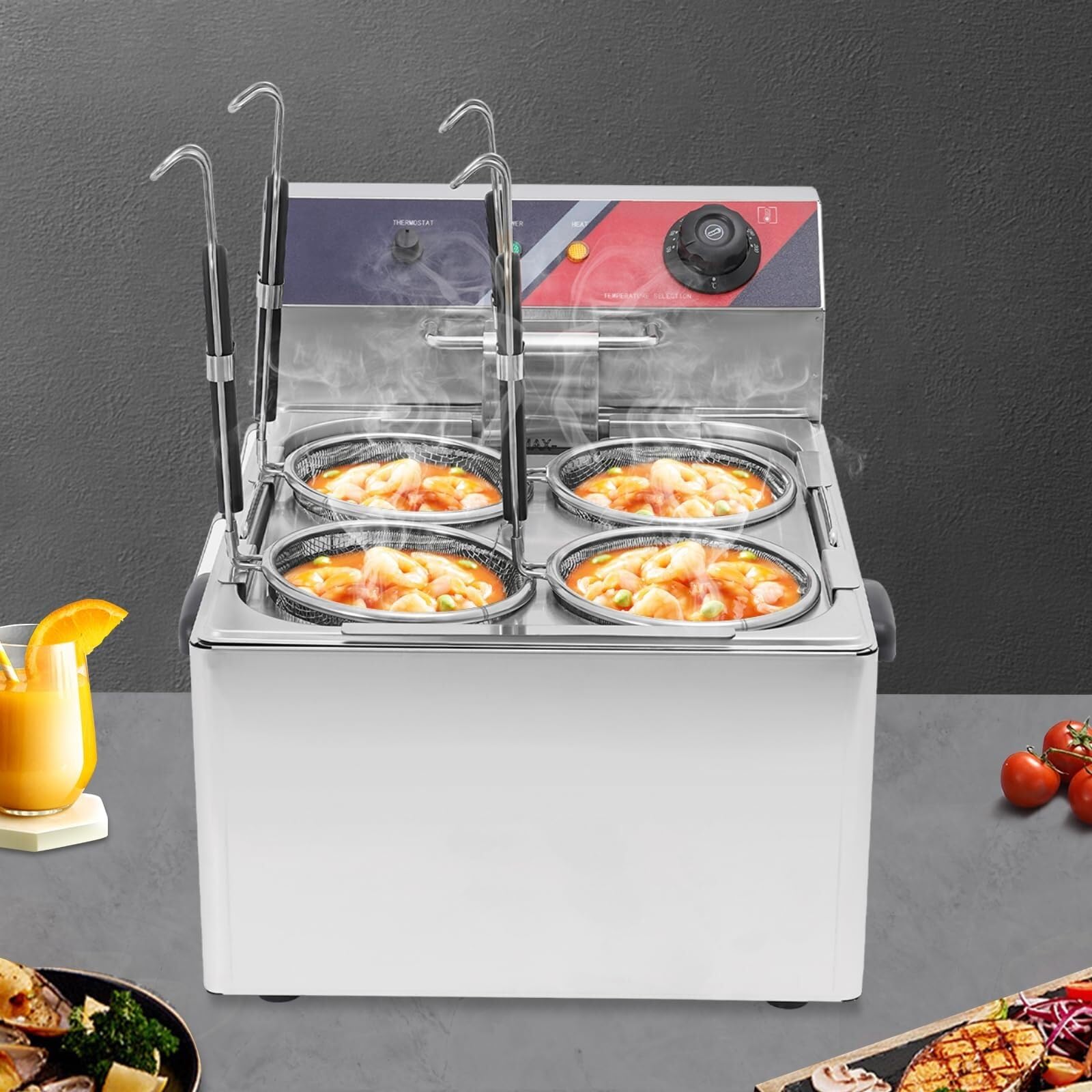 Macchina for la Cottura della Pasta a 4 Fori, cuocipasta Elettrico in Acciaio Inox 201 con 4 cestelli filtranti for Spaghetti, Gnocchi, Snack fritti, 3,5 kW
