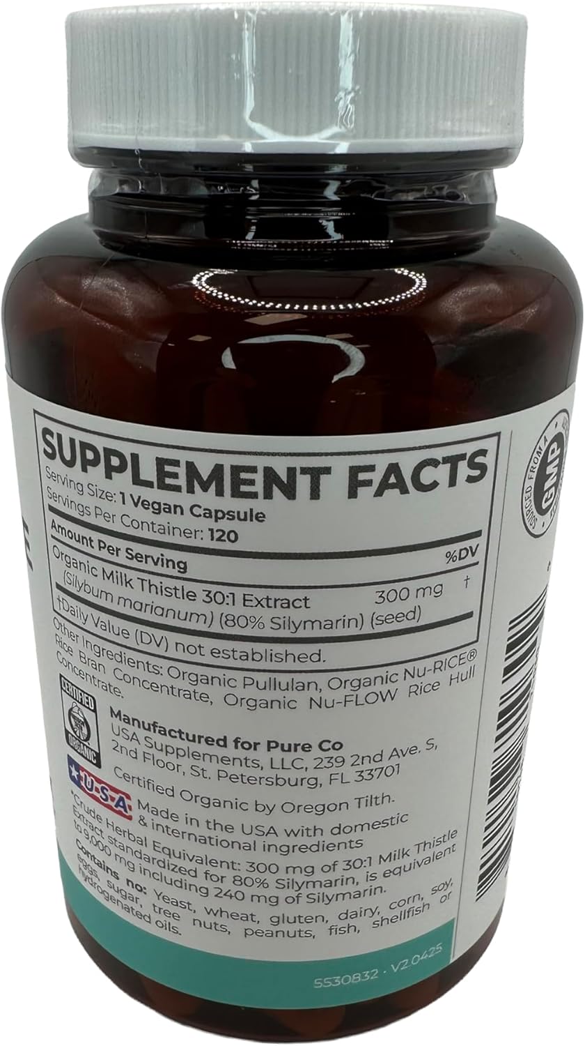 PURE CO USDA Organic Milk Thistle Capsules - 80% Silymarin Supplement for Liver Support- Super Concentrated 300mg of 30:1 Milk Thistle Extract Liver Detox 120 Day Supply