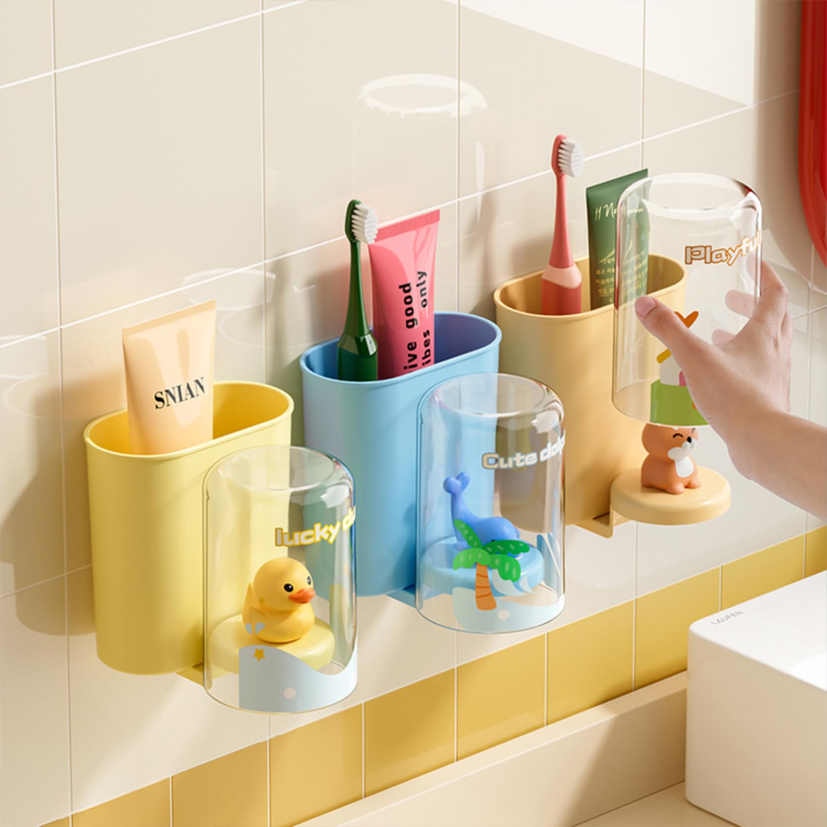 TYZAG™ Tooth Brush Holder Bathroom, Kids Toothbrush Holder with Cup, Plastic Stand for Toothpaste, Toothpaste Holder for Bathroom Kids Drain Waterproof Self-Adhesive, Panda (White, Junior Cup)