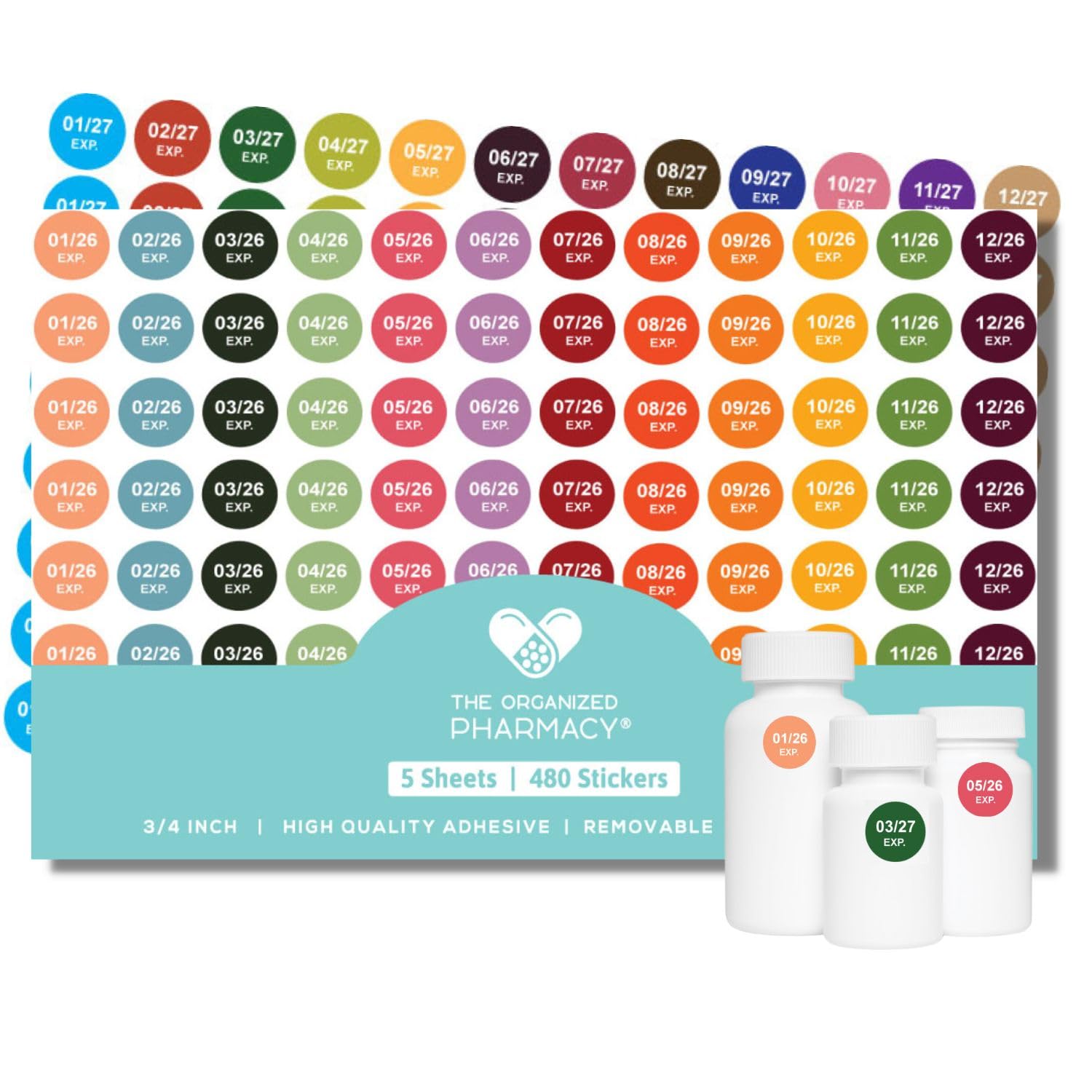 The Organized Pharmacy Expiration Dates Stickers System - See. Pull. Done. 5 Year Supply - 480 Color Coded Pharmacy Inventory, Chemistry & Food Expiration Date Management Labels Stickers (2026-2027)