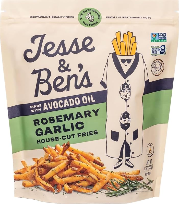 Papas fritas cortadas en casa con ajo y romero de Jesse & Ben, hechas con aceite de aguacate, 14 oz | Patatas congeladas veganas, sin gluten, sin OGM, refrigerio simple sin aceites de semillas para una delicia crujiente con 5 ingredientes