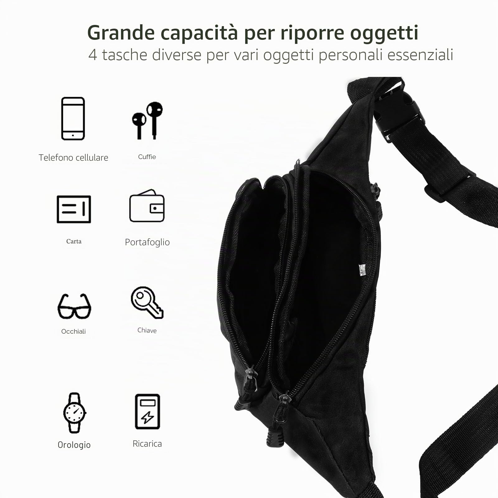 Vinabo Marsupio Uomo Donna Unisex, Marsupio Sportivo Grande con 4 Zip Tasche,Marsupio da Unisex per Allenamento All'aperto Escursionismo Campeggio