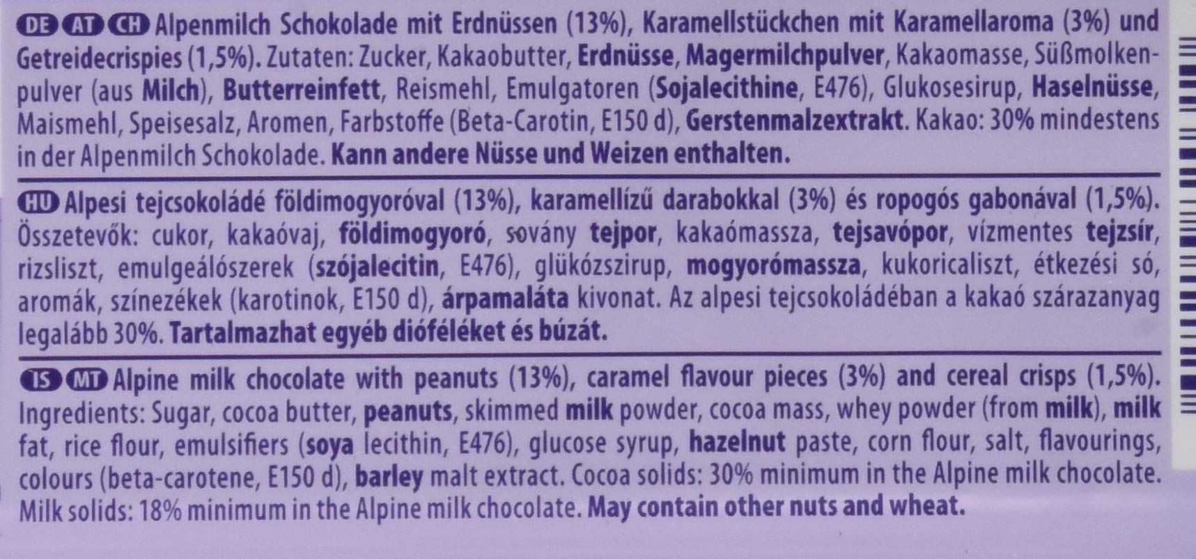 Milka Peanut Crisp – Zartschmelzende Schokolade mit Erdnüssen, Karamellstücken und Cornflakes – 24 x 90 g