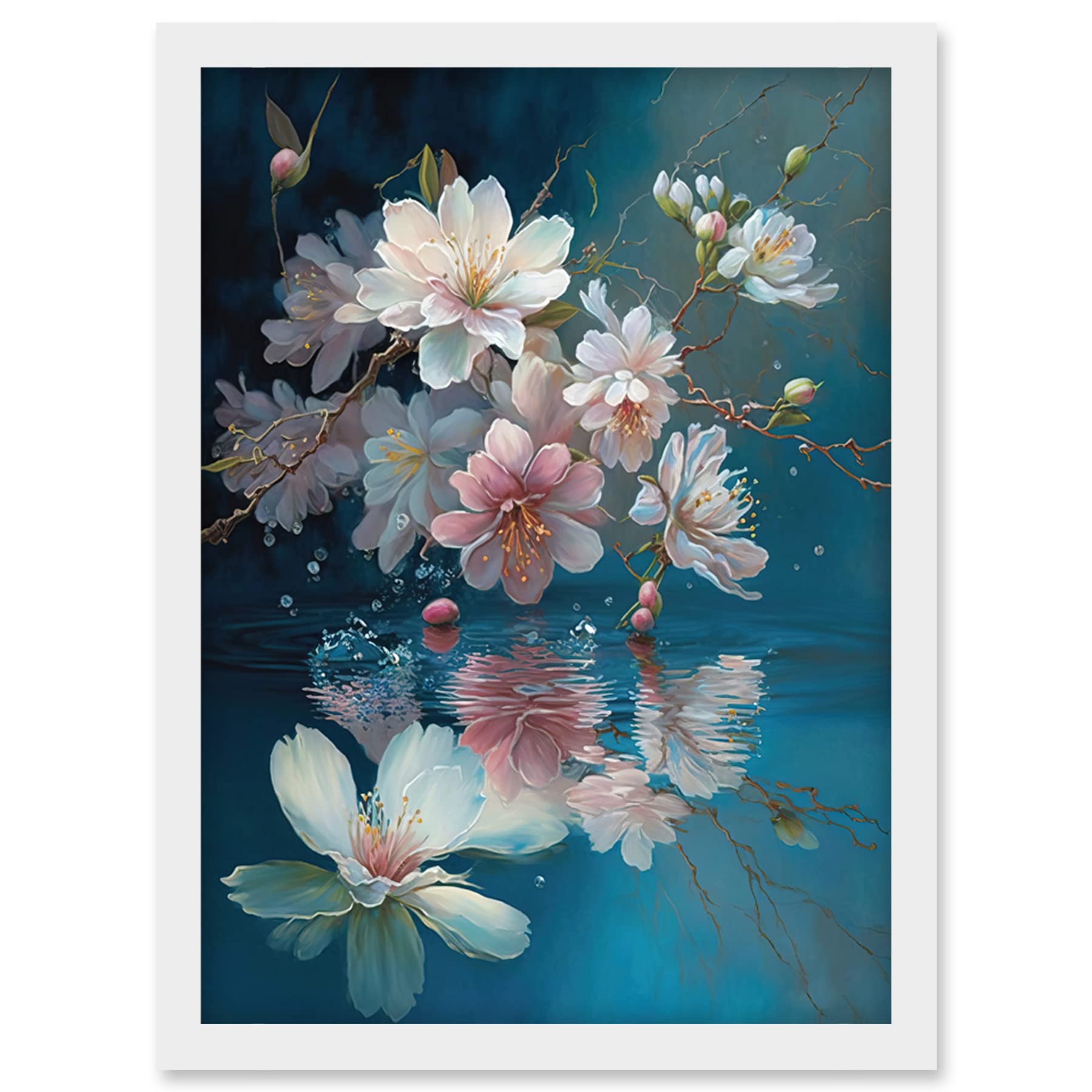 Artery8 Cherry Blossom Branch Dancing Over Water Modern Watercolour Painting Artwork Framed Wall Art Print A4