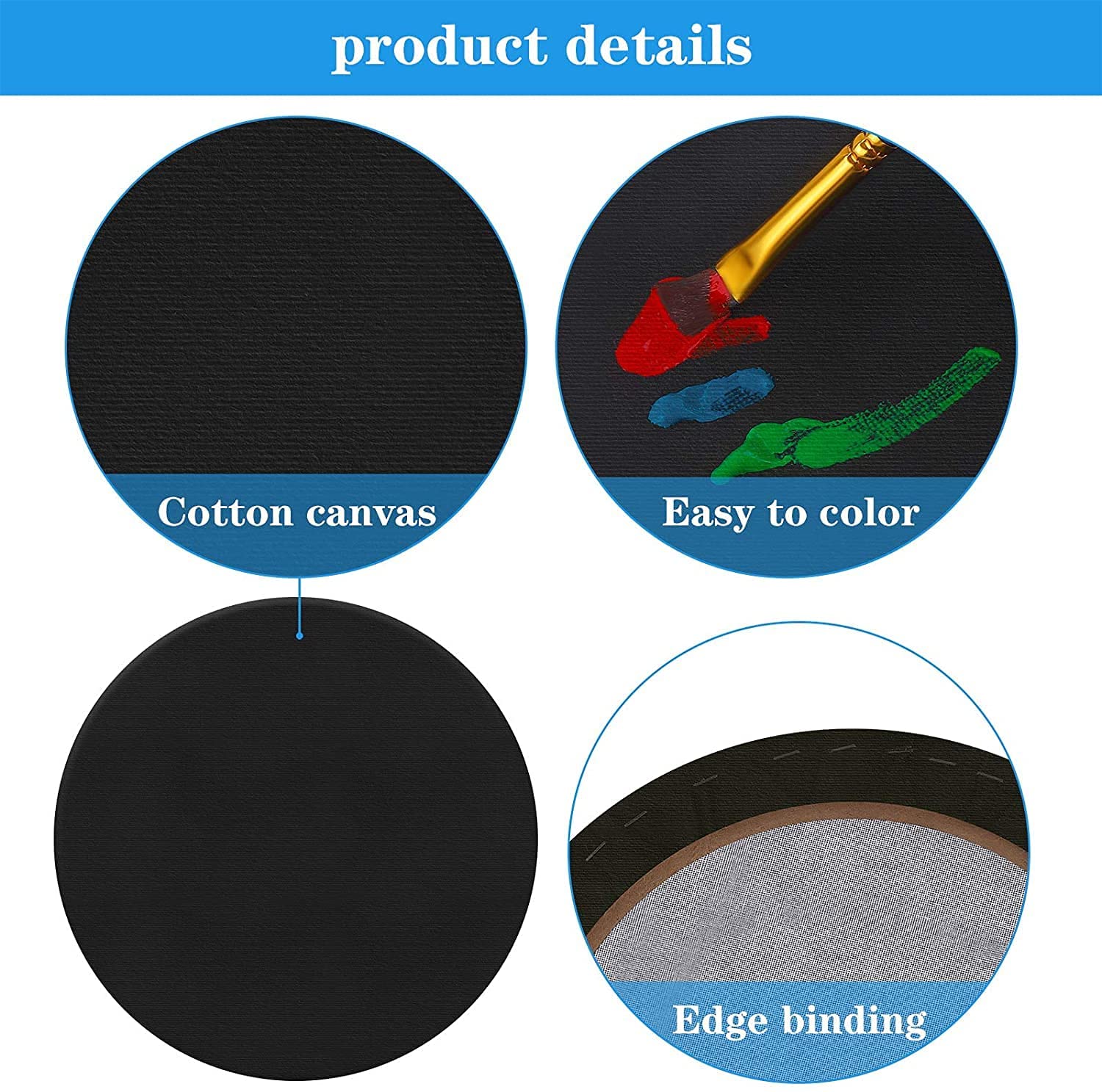 Artrina Round Canvas, 4pcs Professional Stretched Circle Canvas Board for Painting, Acrylic Pouring - 12'' & 8'' (Black) 4