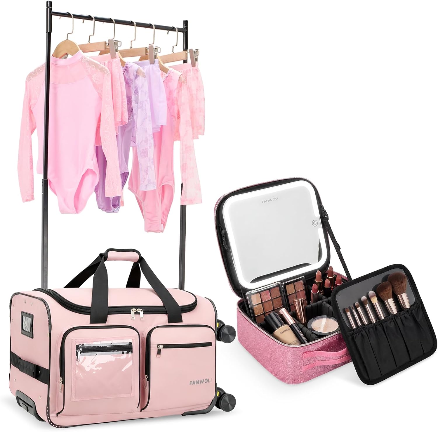 Fanwoli 23" 4-Wheel Dance Bag with Garment Rack and LED Makeup Bag Set