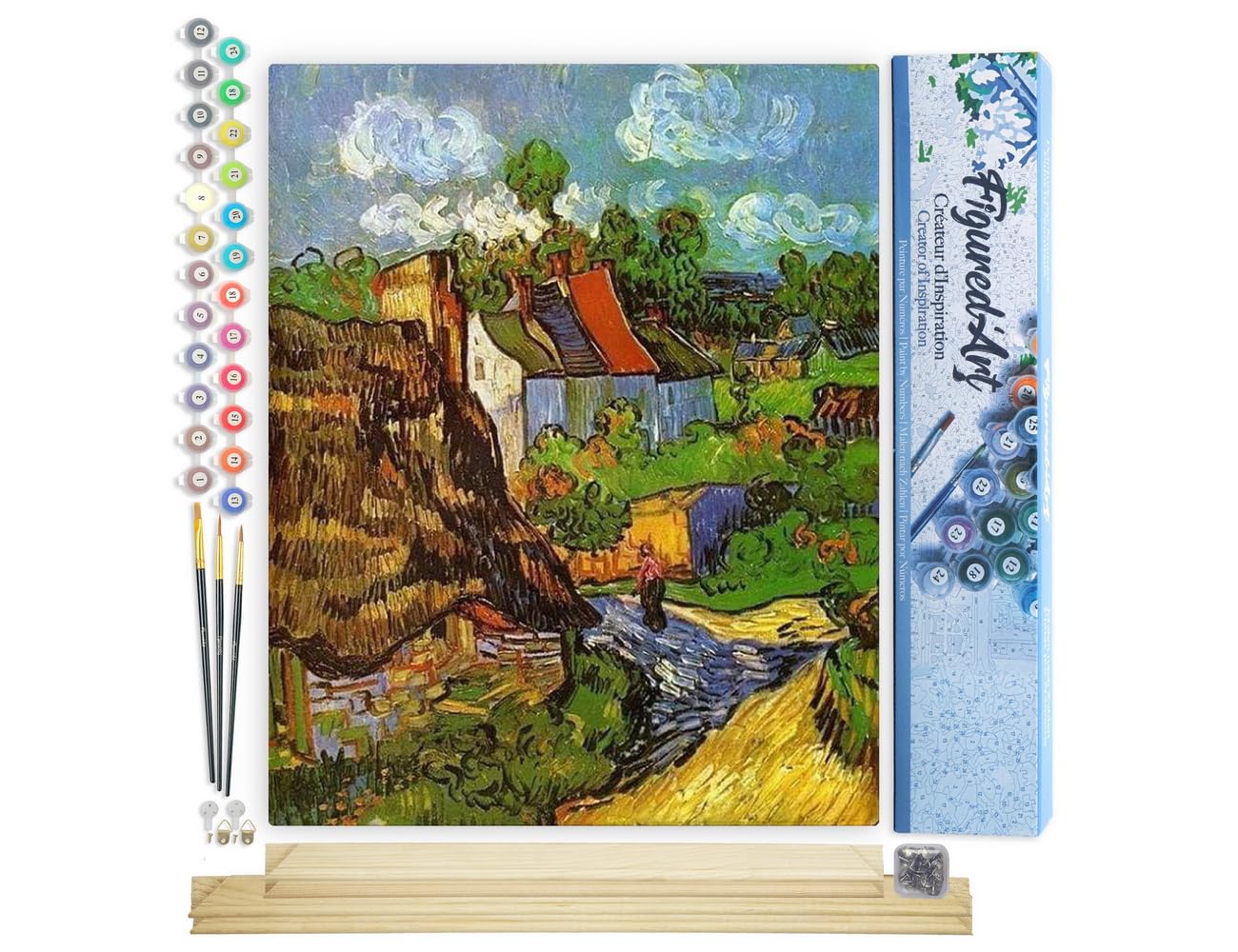 Figured'Art Paint by Numbers for Adults Van Gogh Houses in Auvers 40x50cm - Craft Art Painting Rolled Canvas with DIY Wooden Frame