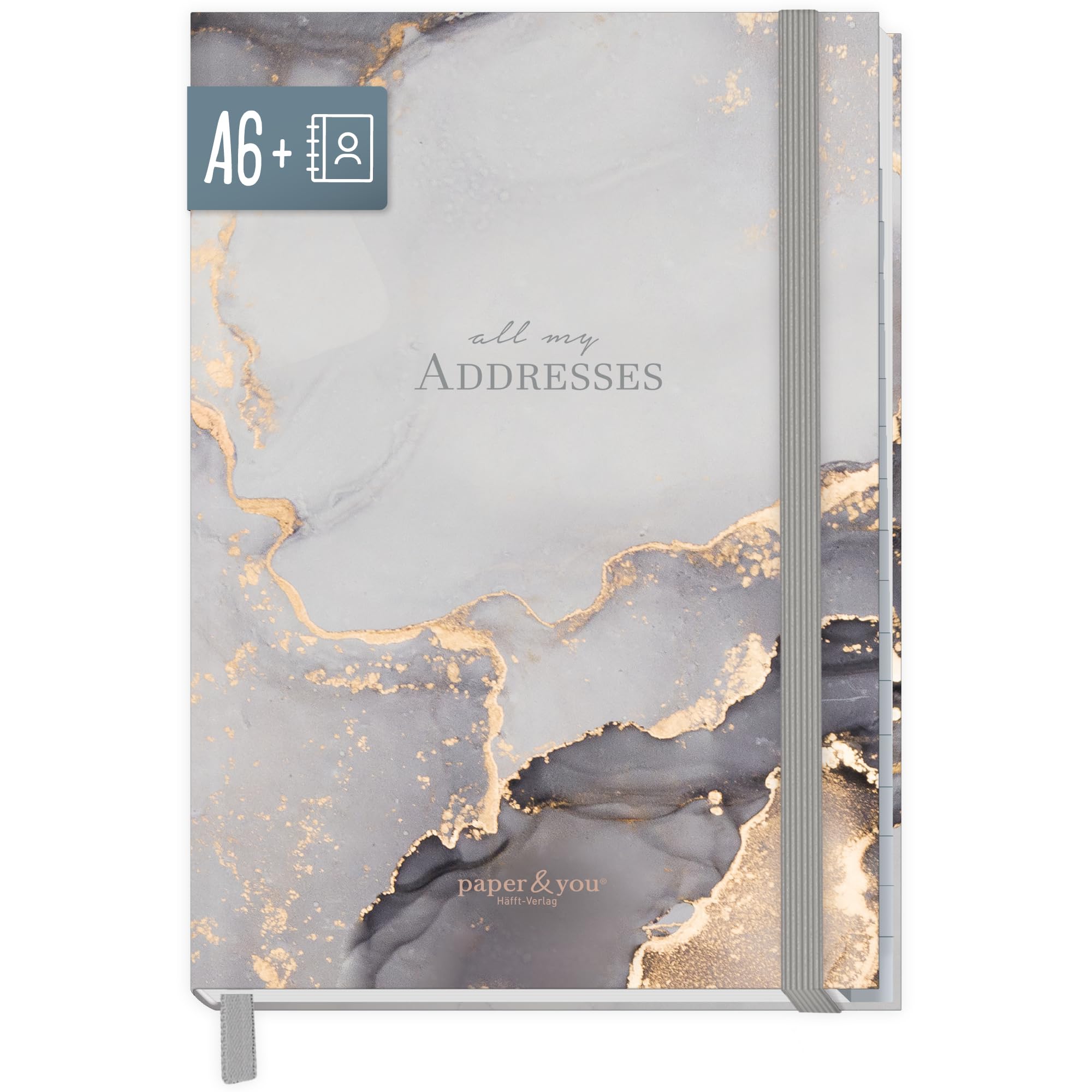 Paper&You® Address Book A6+ with A-Z Index and 120 g/m² Premium-Paper "Grey Marble" for Contacts Birthdays & passwords