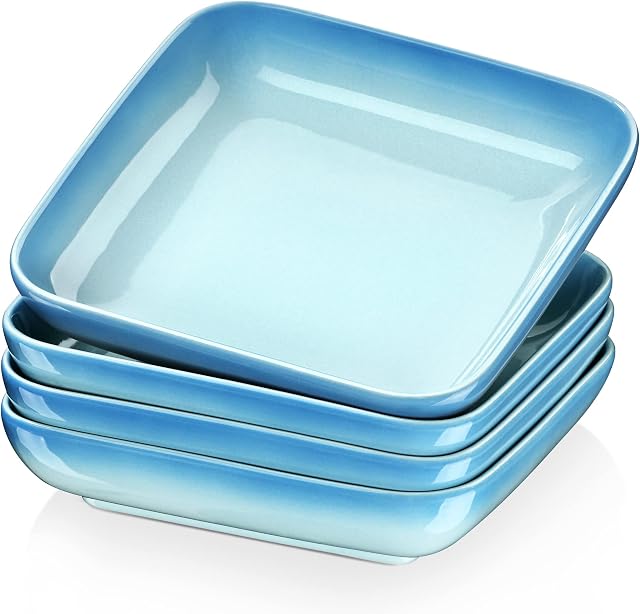 LOVECASA 1050ml Soup Plates - Dinner Set of 4, Square Plates Dinning Set, Restaurant Service Stoneware China Dinner Platefor Ramen/Soup/Mixing/Fruit/Noodle/Snack, Blue
