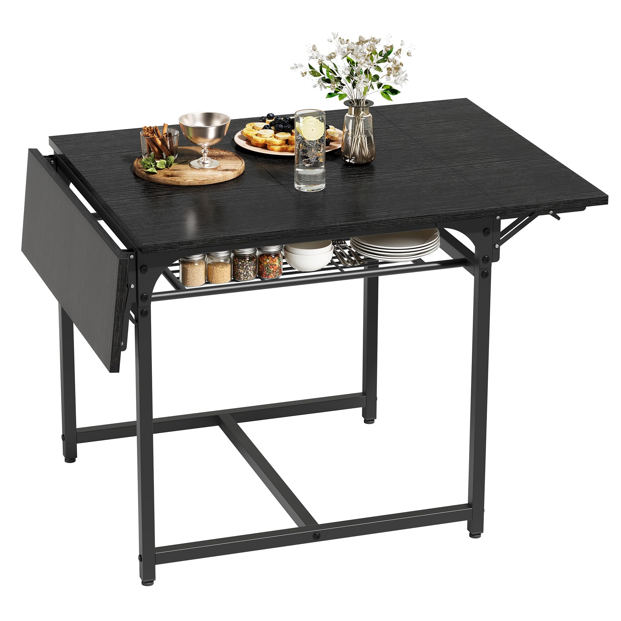 YITAHOME klappbarer Esstisch, ausdehnbarer Drop Blatttisch mit Aufbewahrungshalter und 4 verstellbaren Beinen, Sitzplätze für 2-6 Personen, 120 x 78 x 75cm, schwarz