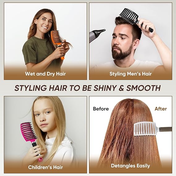 Curved Vented Hair Brush with Boar Bristles, Detangling Brush for Wet and Dry Hair, Paddle Hairbrush for Women Men Kids Curly Thick Fine Long Short Hair (2 Pack, Nylon & Boar Bristle)