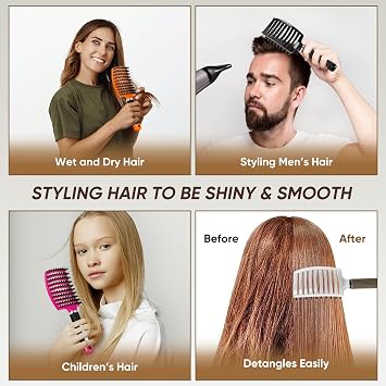 Curved Vented Hair Brush with Boar Bristles, Detangling Brush for Wet and Dry Hair, Paddle Hairbrush for Women Men Kids Curly Thick Fine Long Short Hair (2 Pack, Nylon & Boar Bristle)