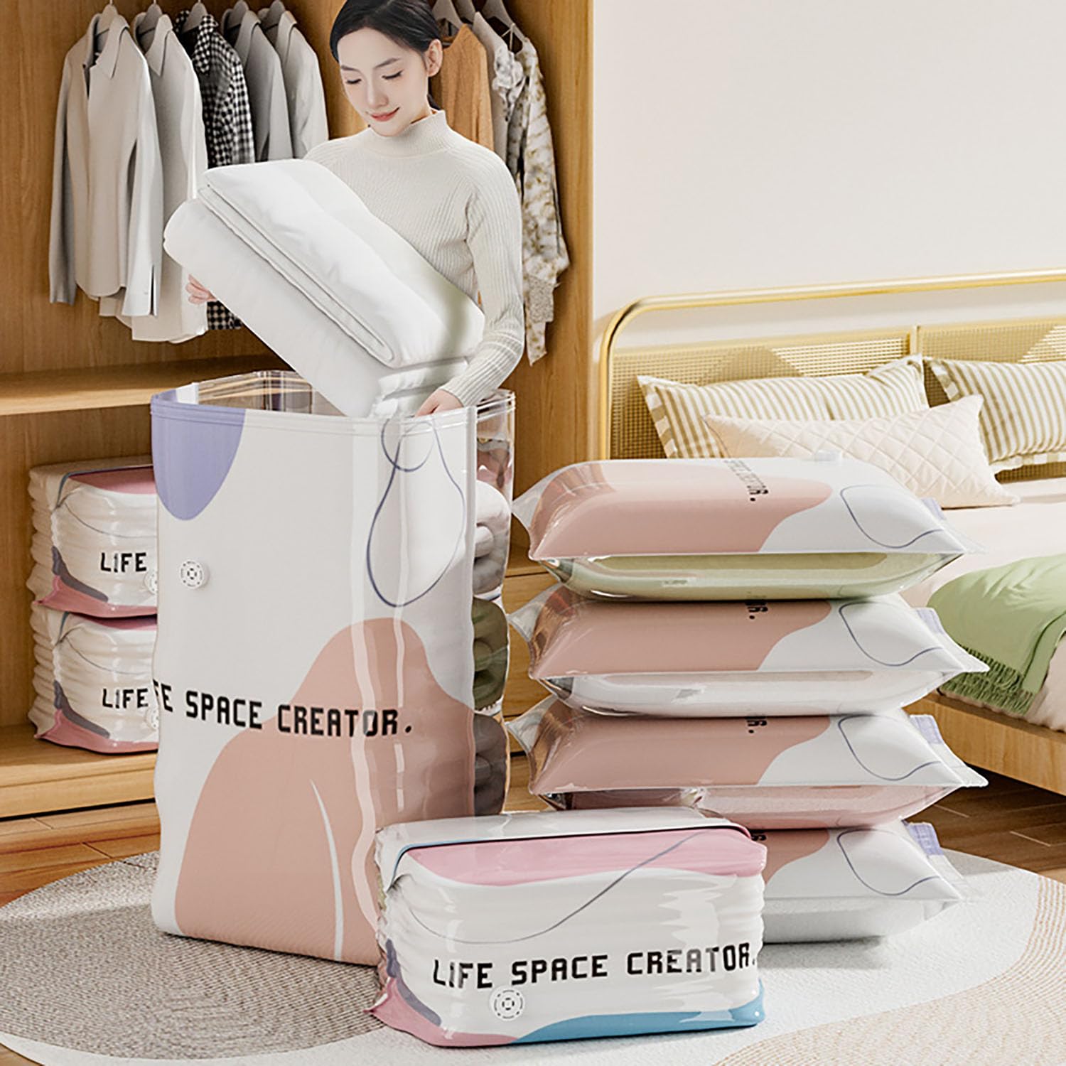 Sacchetti sottovuoto 3D, senza pompa, sacchetti sottovuoto per vestiti, piumini, cuscini, salvaspazio, riutilizzabili, ermetici, resistenti all'umidità, da viaggio (6 pezzi, L)