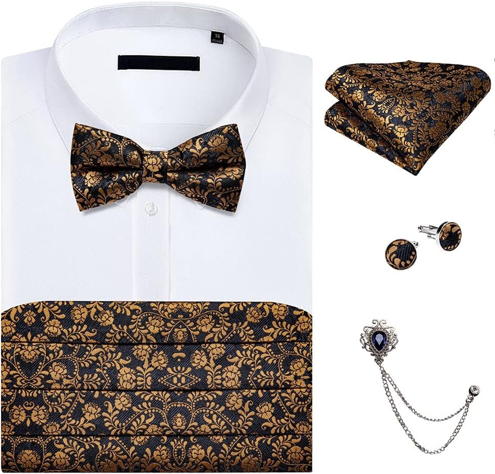 Men's Formal Cummerbunds Silk Floral Bow Tie Set Pocket Square Brooch Chain Wedding Party Waistband Ceremonial Belt