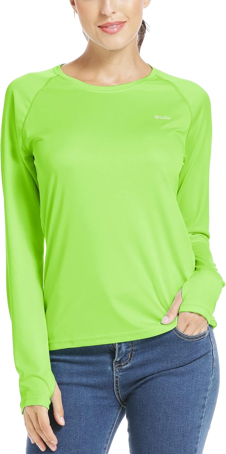 Willit Women's UPF 50+ Sun Protection Shirt Long Sleeve SPF UV Shirt Rash Guard Swim Hiking Fishing Tops Lightweight Fluorescent Green X-Large