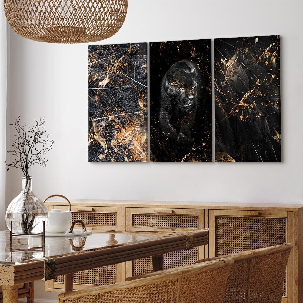 decomonkey Quadri Moderni Soggiorno Astrazione Nero, 3 pezzi, 120x80 cm | Tela strutturata su telaio in legno, decorazione per camera da letto e ufficio, animali, giaguaro, piante