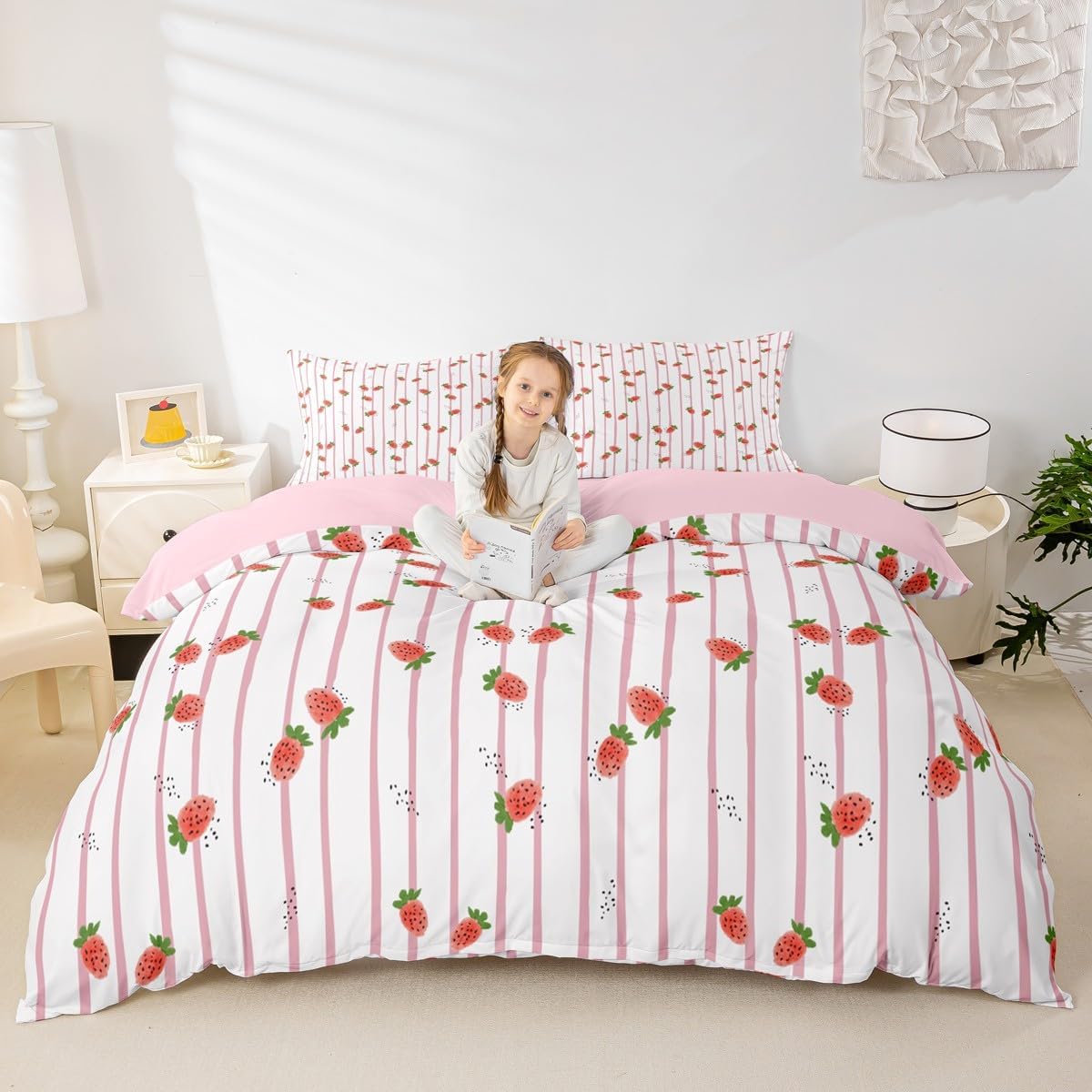 Erosebridal Strawberry Comforter Cover, Kids Cute Fruit Duvet Cover Full Size, Kawaii Strawberry Bedding Set for Girls Women Bedroom, Geometric Stripes Reversible Quilt Cover with 2 Pillow Cases, Pink