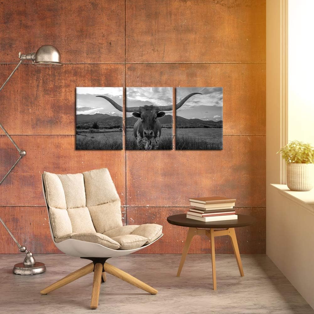 iKNOW FOTO Farm Animals Art Prints Black and White Highland Cattle with Long Horns Picture Printed on Canvas Painting for Home Decor Modern Living Room Decorations 12x16inchx3pcs
