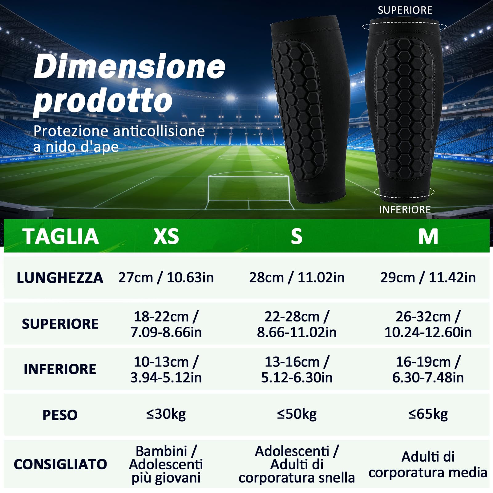 Kiiwah Parastinchi da Calcio 1 Paio Nero con Cuscinetti a Nido d'Ape e Imbottitura EVA – Traspiranti, Antiscivolo, Antishock Manica Protettiva per Polpacci adatti per Bambini, Gioventù e Adulti