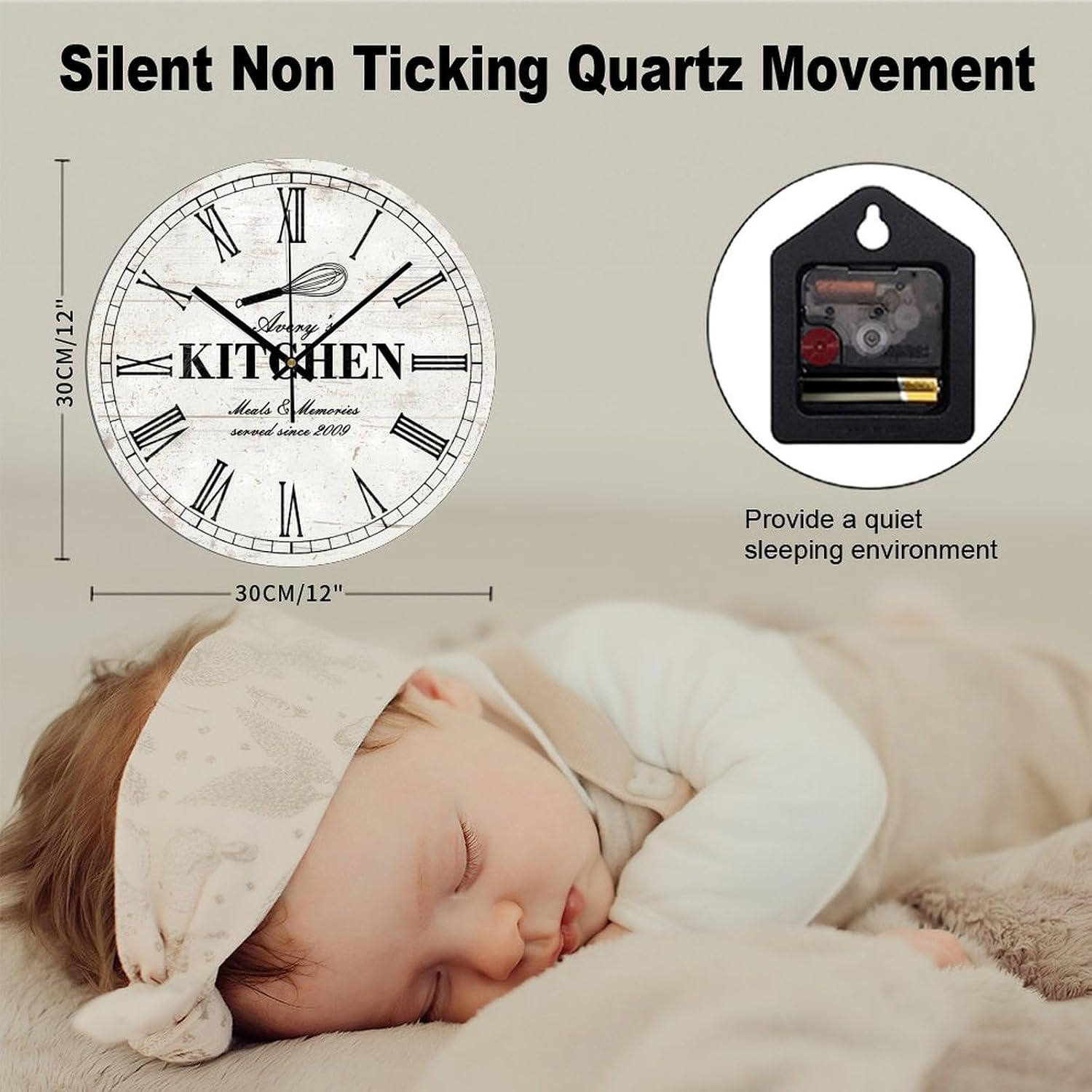 Wall Clock Silent Non Ticking Wooden Clocks Rustic Kitchen Clock Battery Operated 12in, Round Farmhouse Clock, Rustic Clocks Decor for Home Kitchen Office