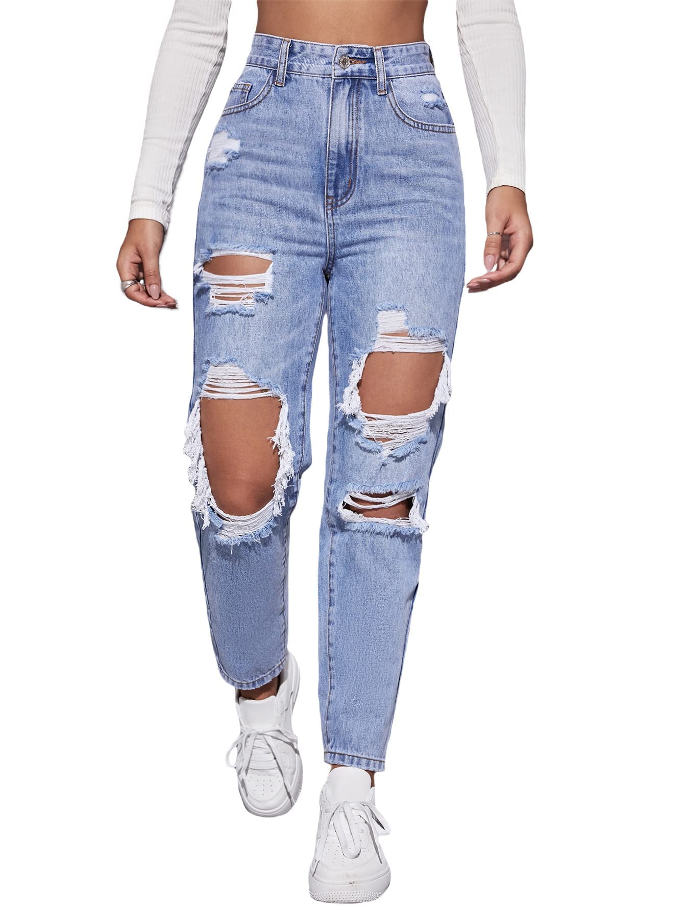 Photo 1 of Floerns Women's High Waist Straight Leg Ripped Jeans Distressed Denim Pants Medium A-light Blue