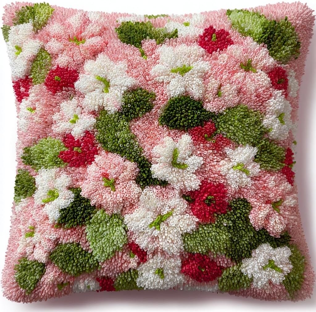 DIY Latch Hook Pillow Kit Cute Flowers Petals and Light Green 43x43cm-16 | Hook and Latch Yarn Crochet Pillowcase with Pattern Canvas Cushion Easy for Beginners Adults Sofa Bedroom Decoration