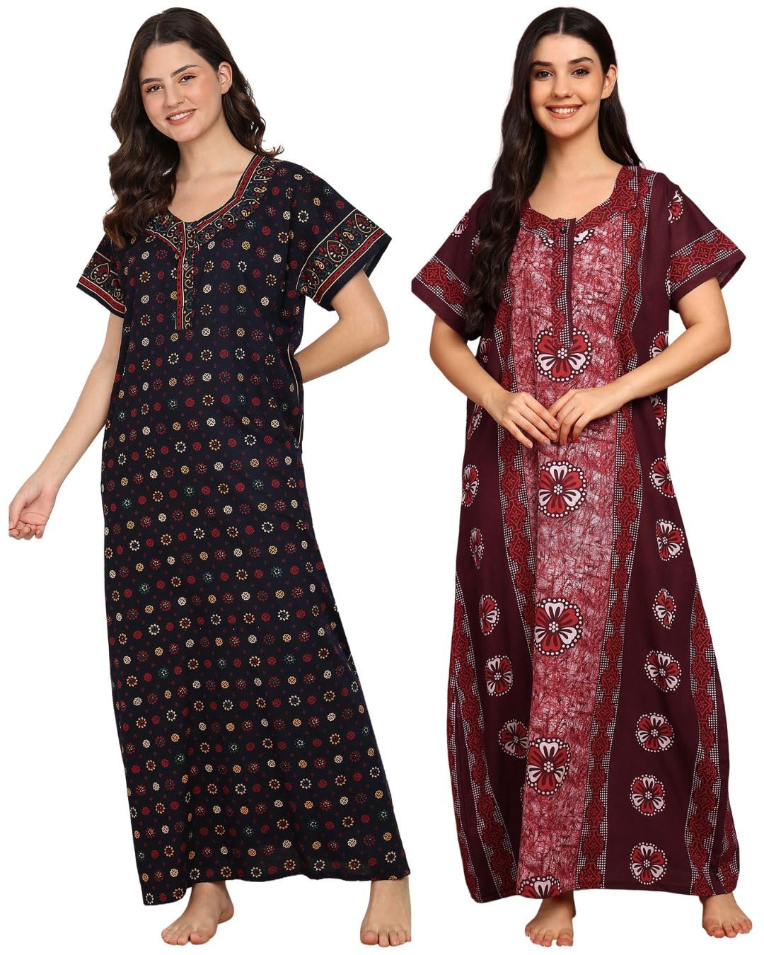 Women’s Cotton Printed Nightgown 2 Pack Free Size Maxi Nighty Short Sleeve Loose Fit House Dress Full Length Lounge Sleepwear Soft Breathable Ladies Night Gown Set-picture-54