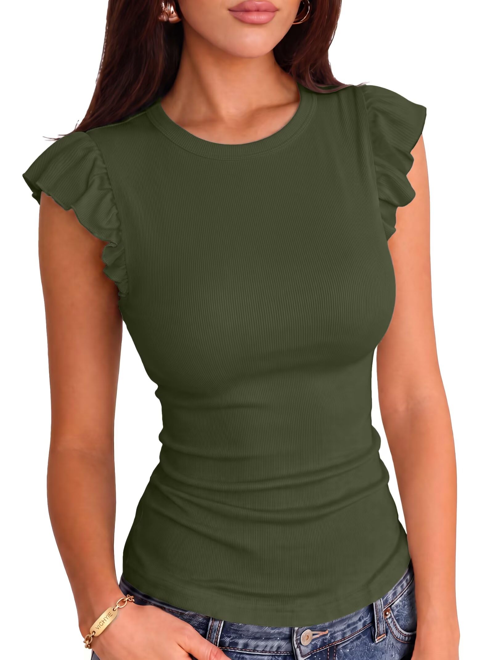 VICHYIE Summer Women Ruffle Cap Sleeve Pretty Fitted Shirt