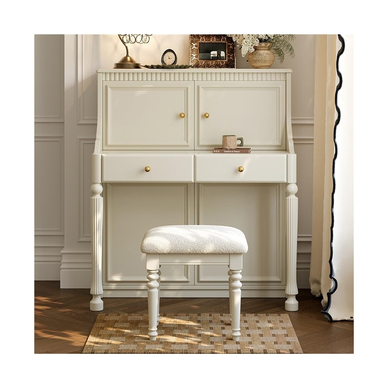 Vanity Table Chic French Cream Vanity Table Makeup Desk for Bedroom Perfect for Small Spaces with Solid Wood