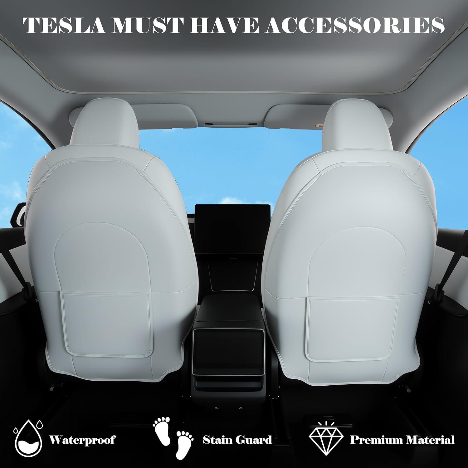 TOPABYTE Seat Back Kick Protector for Tesla Model Y Model 3 Model S Model X Leather Backseat Mats for Kids Wear-Resistant Back Seat Cover with Extra Organizer Pocket 2 PCS -White