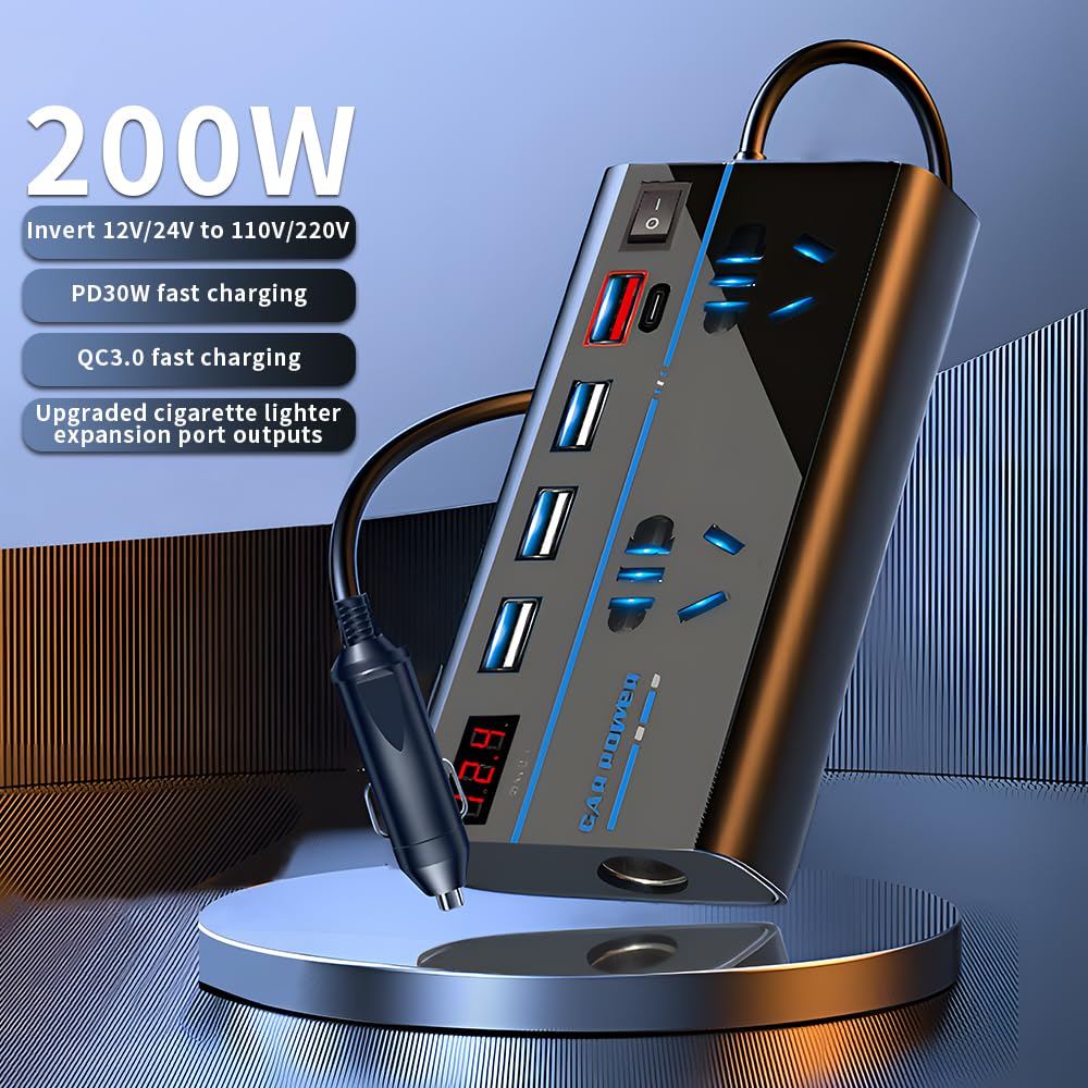 OBEST 200W Inversor 12V/24V DC 110V/220V AC Adaptador Mechero Coche a Enchuf Power Inverter Transformador con Encendedor de Cigarrillos/Toma de 3 Clavijas/Puertos USB/Toma PD/QC