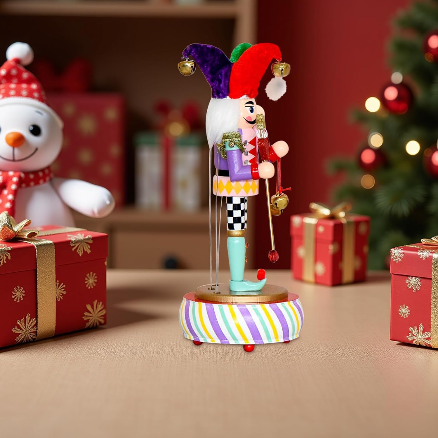 ARTIBETTER Nutcracker Music Box Round Wooden Base, Classic Christmas Nutcracker Figurine, Wind-up Musical Ornament for Office Desk and Holiday Home Décor