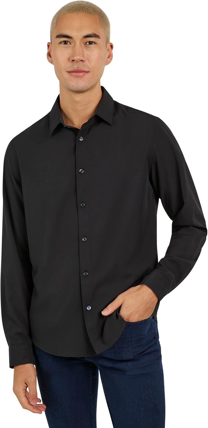 DKNY Men's Button Up Shirt - Slim Fit Long Sleeve for Business and Casual | Solid Color, Stretchy Button Down