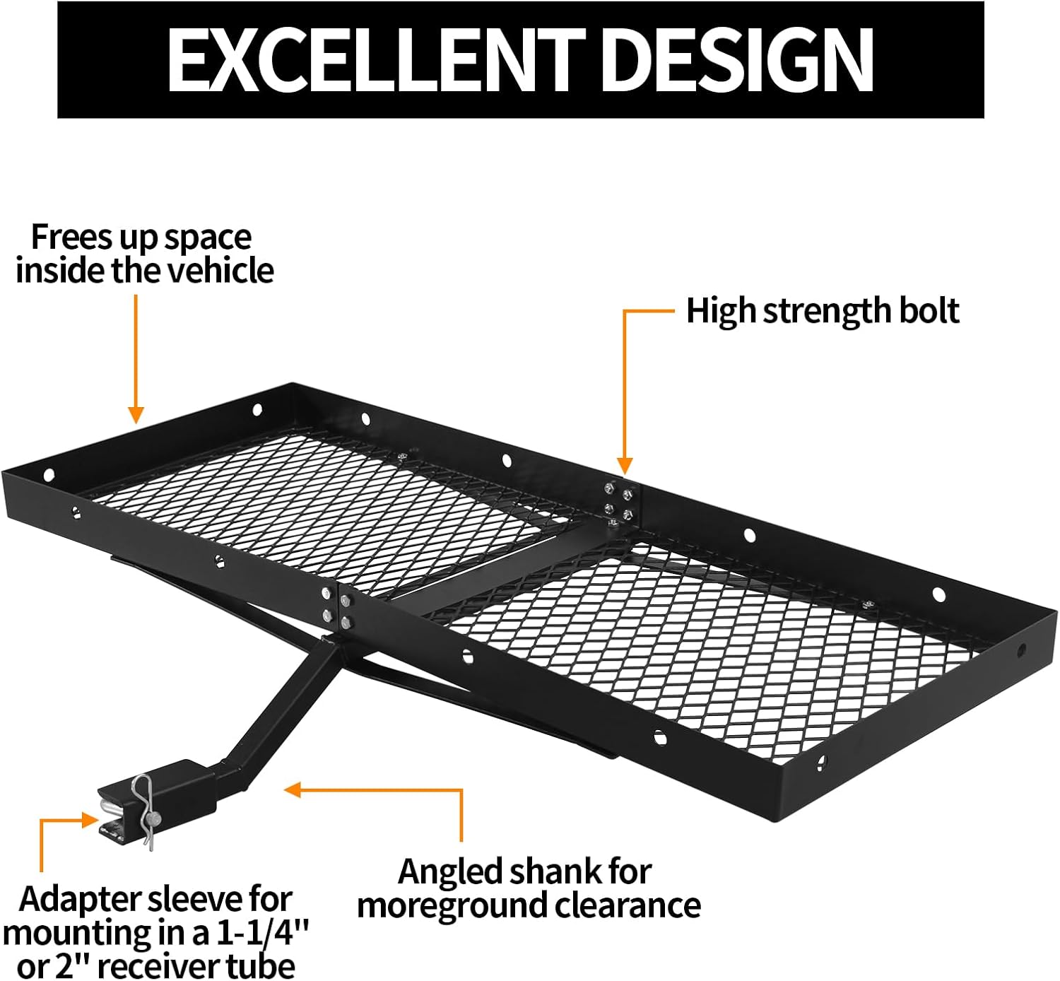 48 x 20 Tray Hitch Cargo Carrier,Hitch Mount Cargo Basket - 300 LBS Capacity, 1-1/4" & 2" Universal Adapter Shank, Carbide Black Powder Coat - Fits Cars, SUVs, Trucks