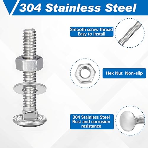 Miniatura 116 de Zonon Juego de 50 tornillos y tuercas de acero inoxidable de 1/4-20 x 3 pulgadas, cabeza redonda, cuello cuadrado, tornillos y tuercas hexagonales