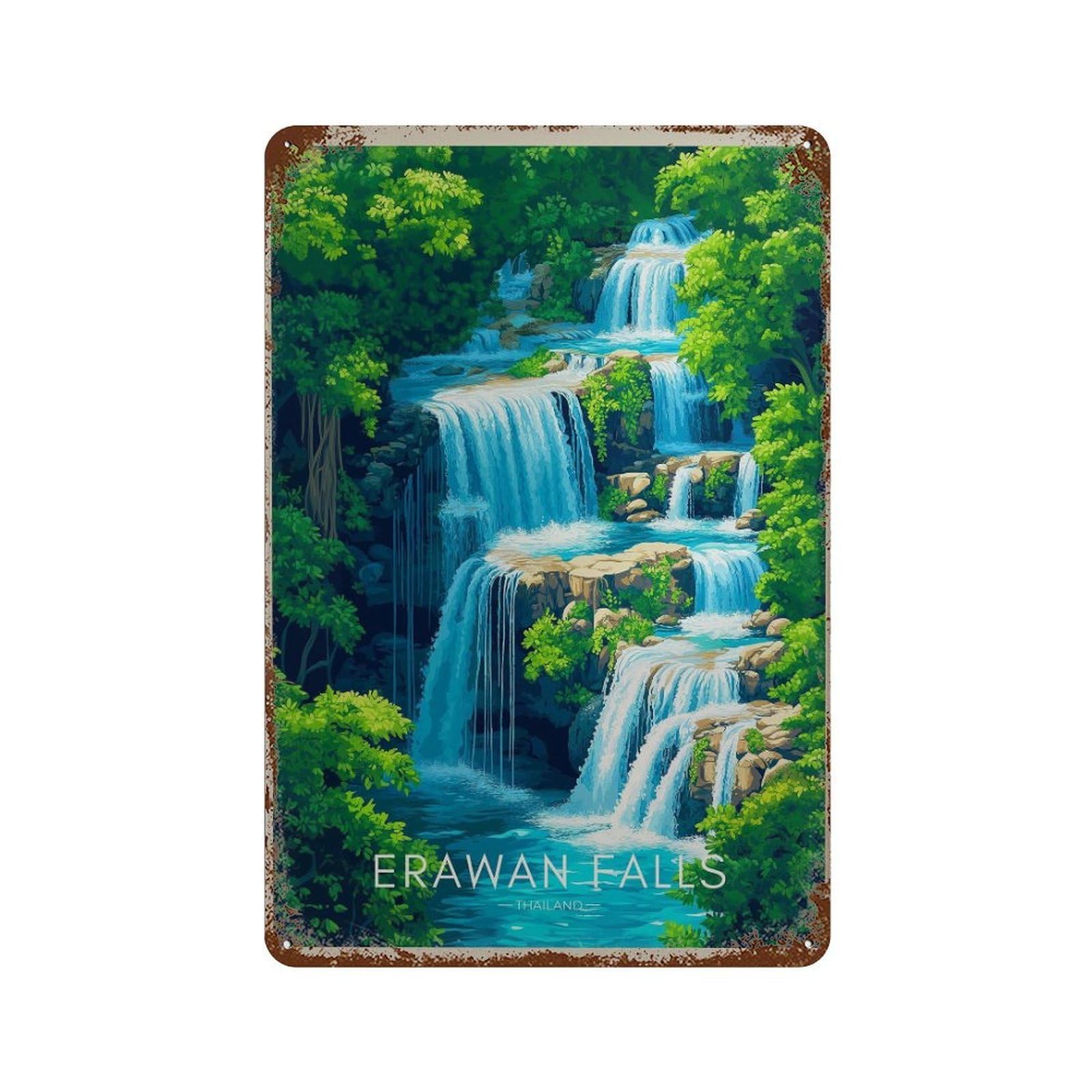 xiaoxiaoshen Erawan Waterfalls Thailand Travel Southeast Asia Wall Decor Art Metal Tin Poster Modern Home Decor Art Home Bar Shop Decorations Vintage Sign 30x20cm