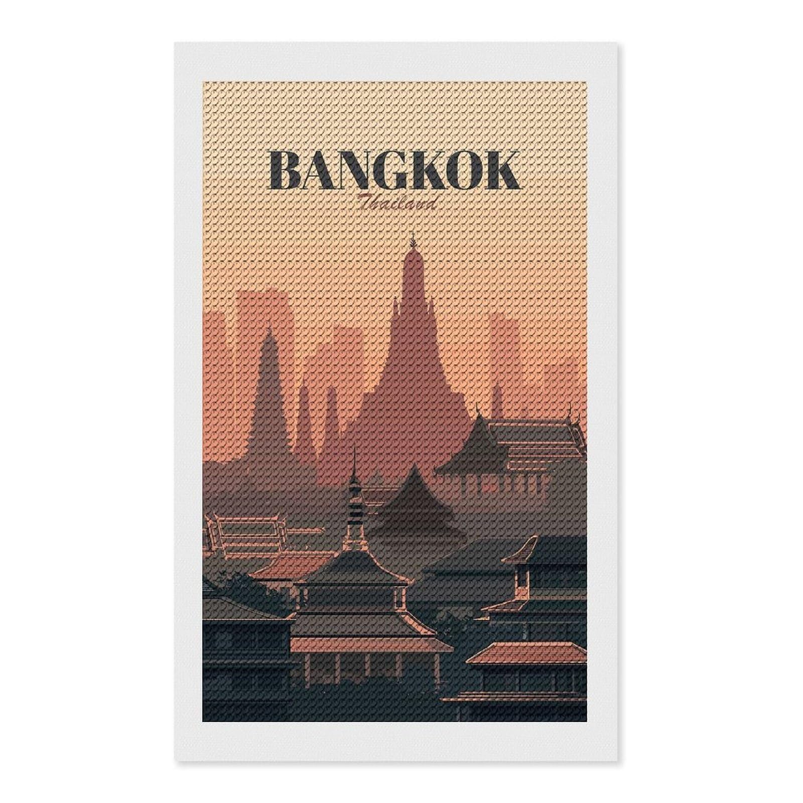 Junmoney Bangkok Thailand Skyline Illustration Diamond Art Kit 12"x20", Bedroom Decor, Adhesive Canvas, Full Kit Included, Thoughtful Present, Birthday Gift